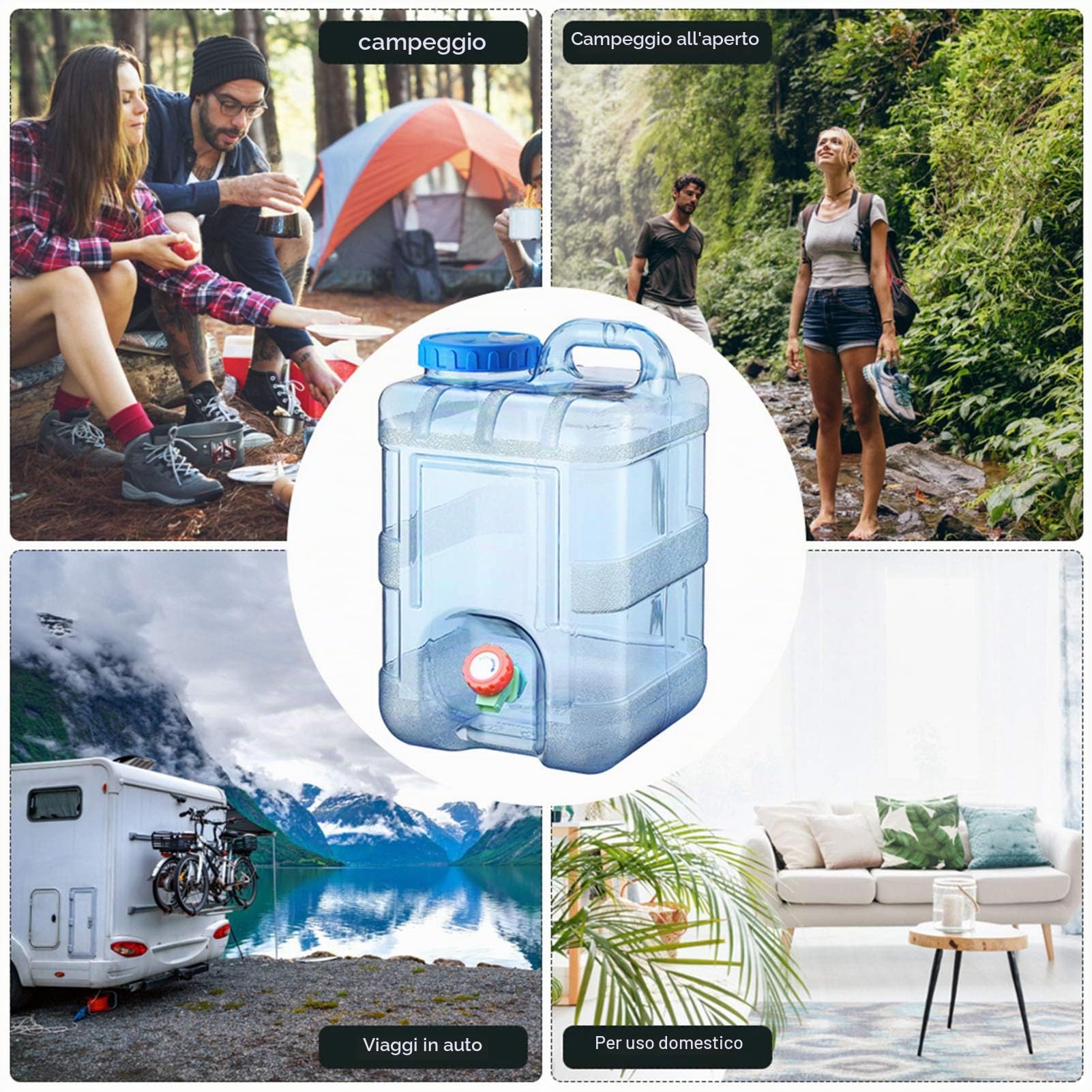 tanica per acqua da 5/8/12/15/25 litri, con rubinetto, per campeggio, alimentare, collo largo, senza BPA, blu, portatile, adatta per campeggio e guida