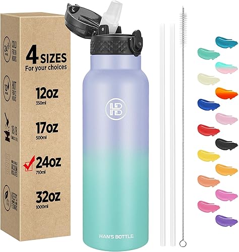 Han's Bottle Botella de agua deportiva de 24 onzas, tapa con pajilla, a prueba de fugas, acero inoxidable aislado al vacío, doble pared, taza