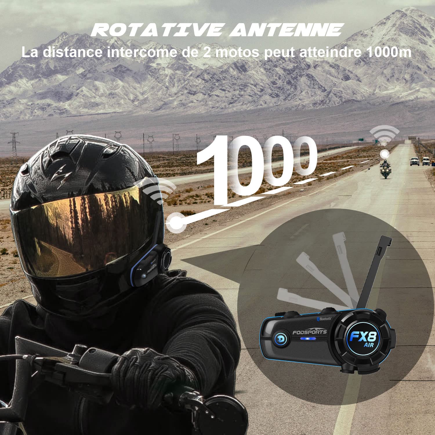 Fodsports FX8 Air Intercom Moto Duo pour 2 Casques, Kit Main Libre Moto, 1000M Systèmes de Communication Bluetooth pour Motocyclette avec 3 Effets Sonores, HiFi, Appairage Universel, 900mAh(1 Unité)