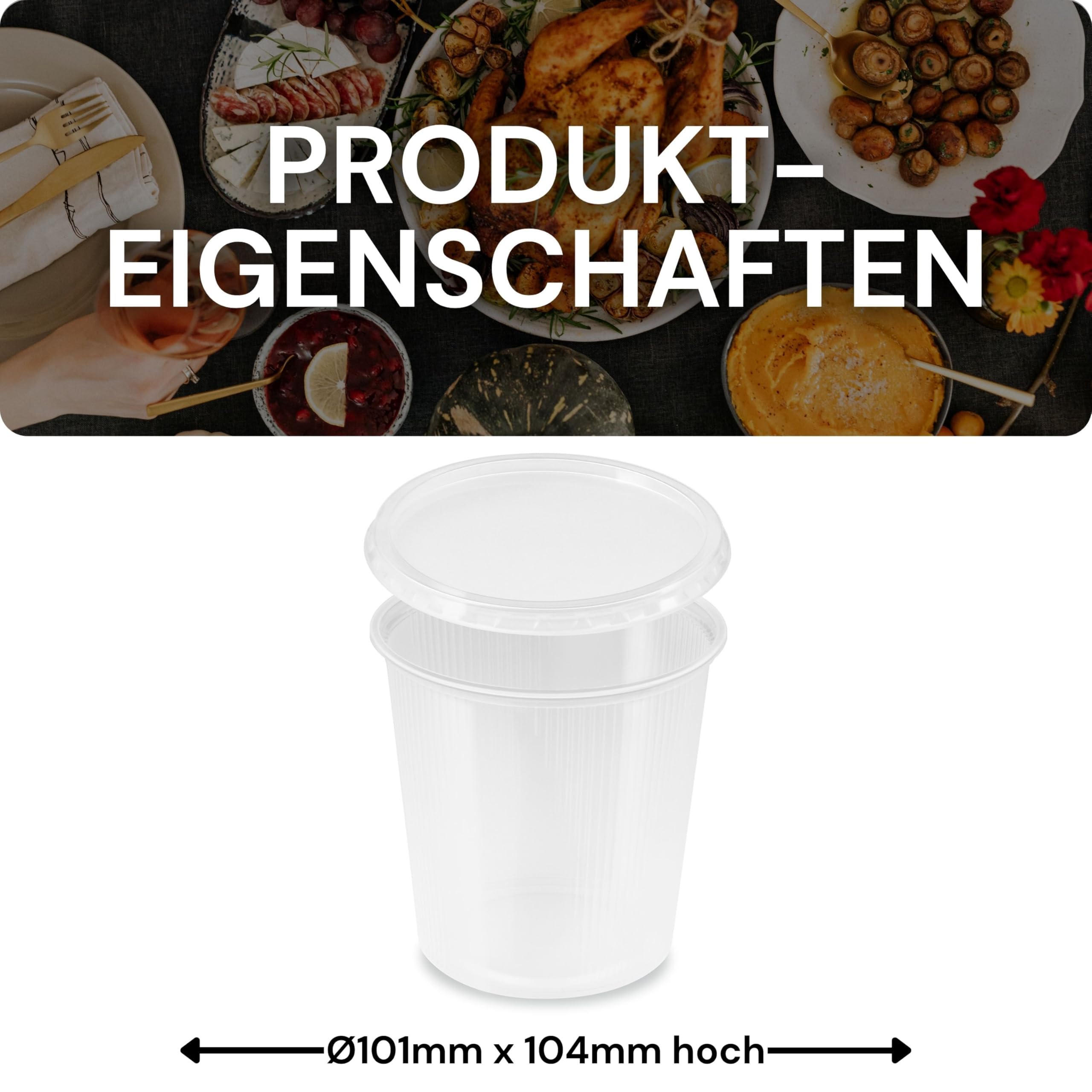 250 Stück Runde Feinkostbecher 500 ml Ø101mm x 104mm - Kunststoff Verpackungsbecher, Snackbecher, Salatschale aus Polypropylen (PP) - lebensmittelecht, stapelbar, To-Go-Becher - Made in Germany