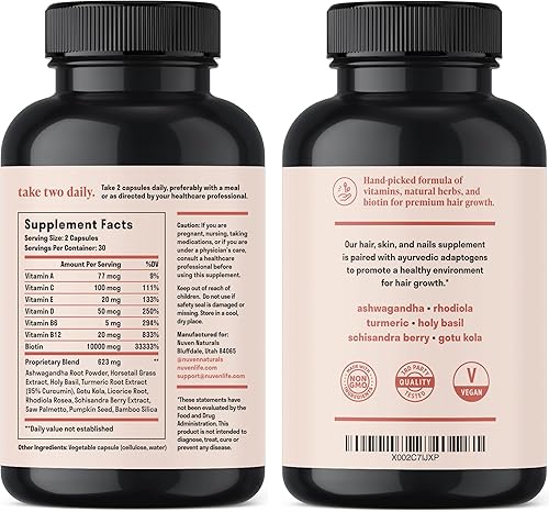 Miniatura 7 de Vitaminas para el cabello – Biotina 10000 mcg con vitamina A, E, C, D y adaptógenos para apoyar el cabello, la piel y las uñas – Suplemento de