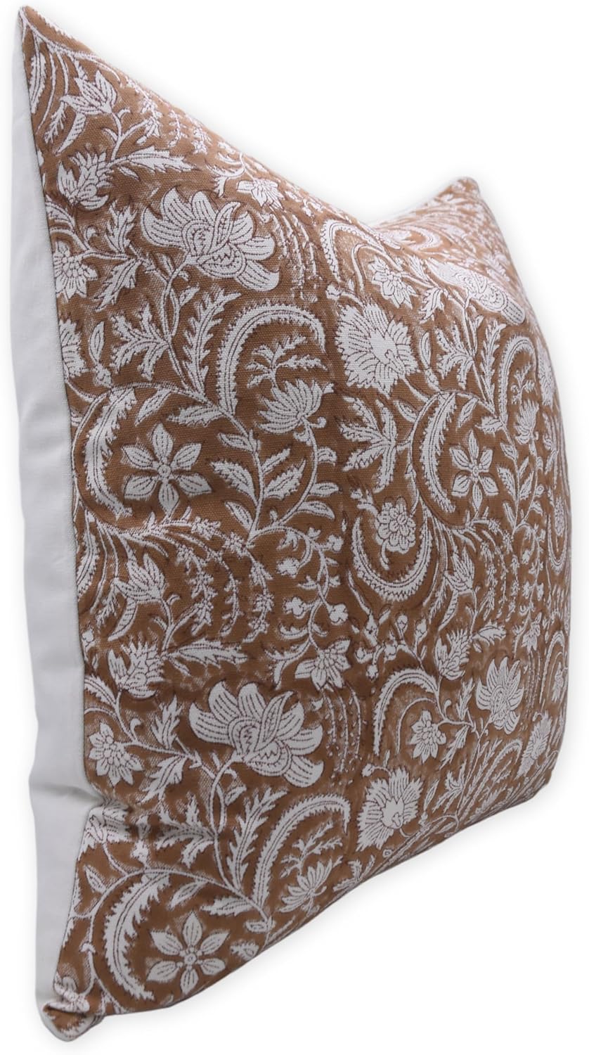 Block Print Handmade Thick Cotton White Linen 14X14 Throw Pillowcase Cushion Cover with Zipper for Sofa, Couch and Bed, Fall Decoration, Farmhouse, Living Room, Home Décor, Kundanvan, Brown