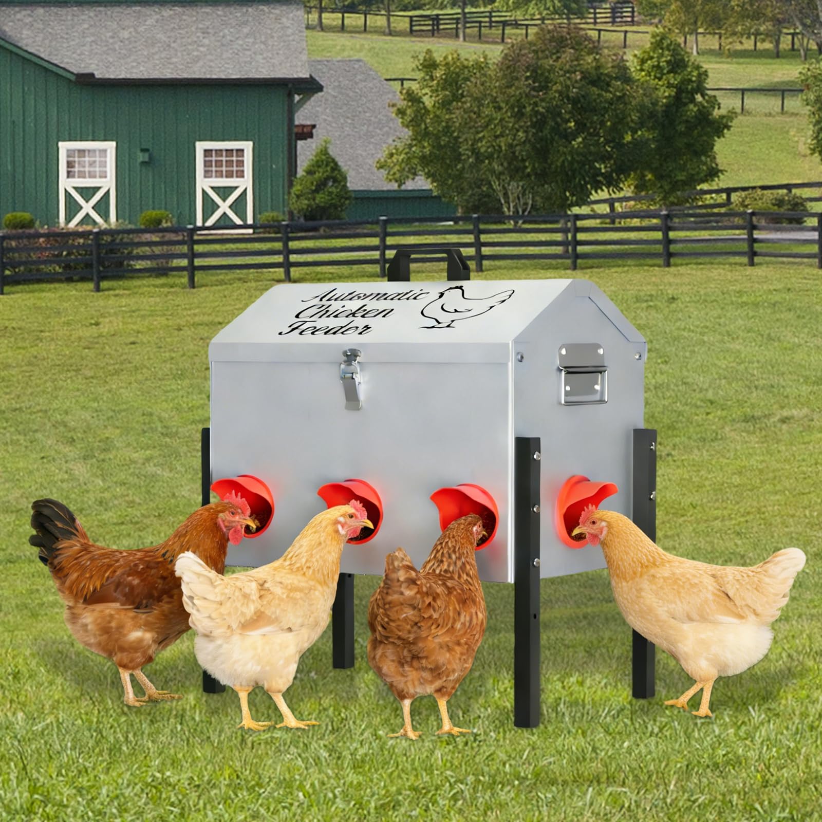 Comedero grande de metal para pollos de 50 libras, 8 puertos de alimentación, comedero para aves de corral sin desperdicio, con patas ajustables y tapa de bloqueo