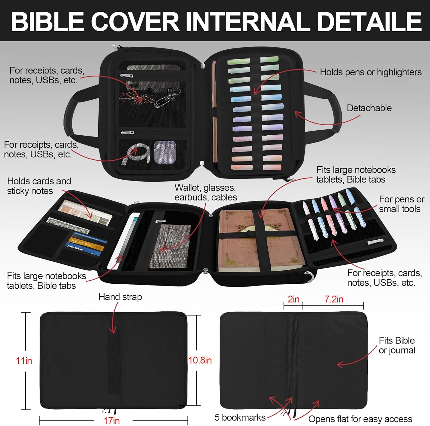 Black Bible Cover for Women,Large Bookmark Church Bag, Study Supplies Journaling Kit Book Carrying Case with Bible Highlighters Shoulder Strap, Christian Gifts
