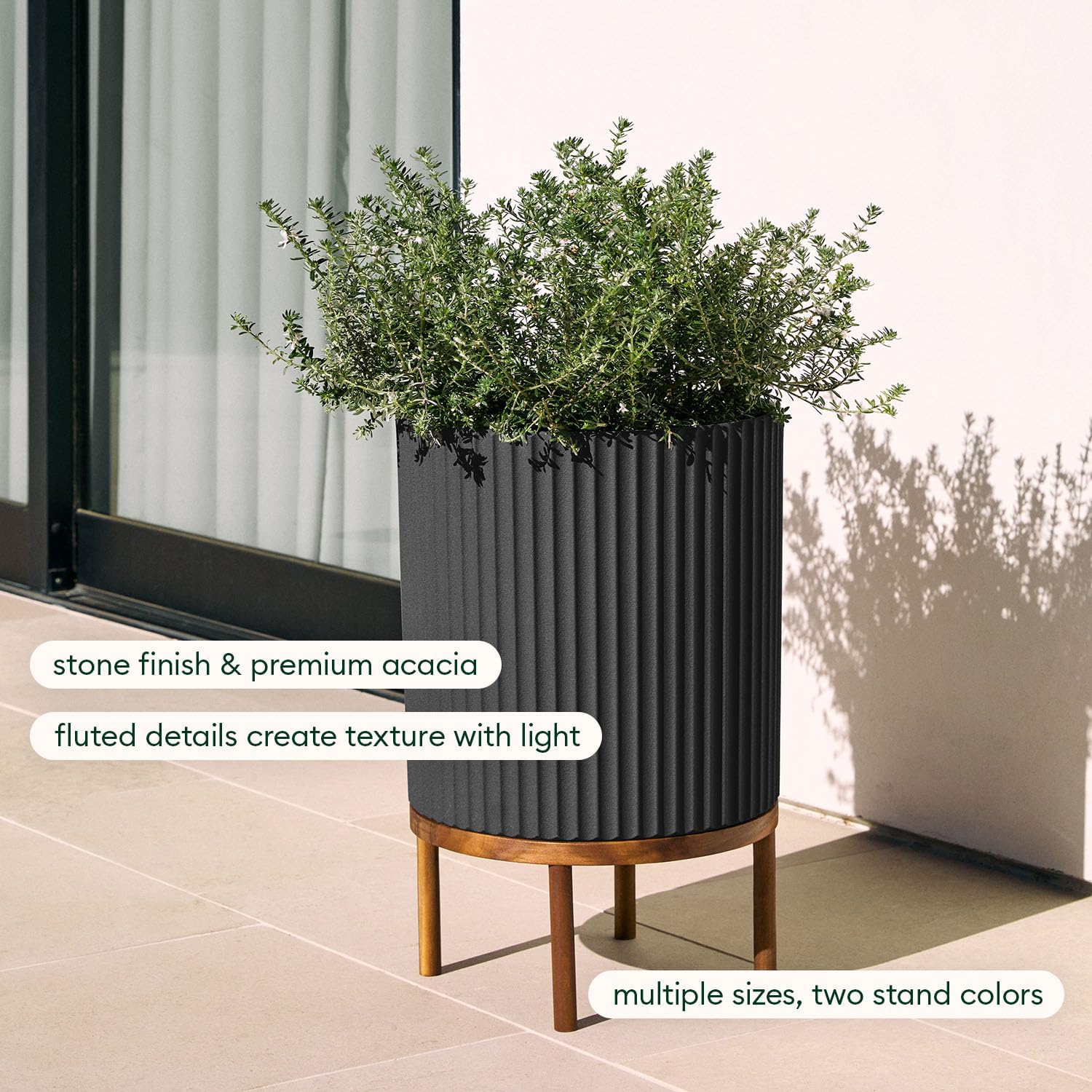 Veradek Demi Series Round Planter w/ Stand for Porch/Patio | Durable Plastic-Concrete & Wooden Stand | Modern Décor for Tall Plants, Flowers