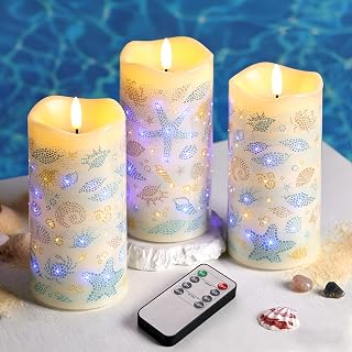 Ocean Coastal Fiber Optic Flameless Pillar Candles with Remote | Flickering Fairy LED Candles, 3 AA Battery Power, Summer Home Table Shelf Decor, Set of 3