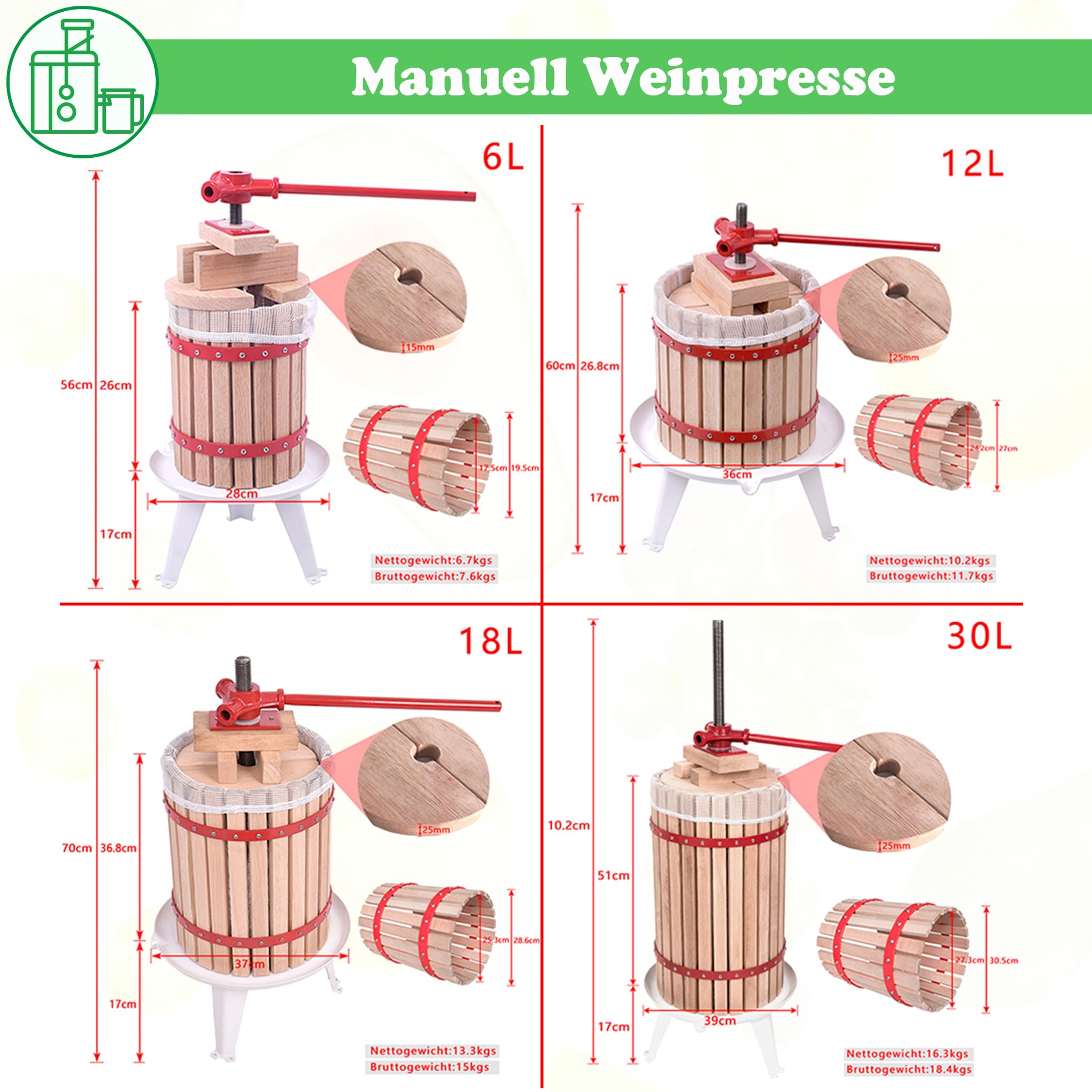 SUBTLETY Presse-fruits manuel 6 l - Presse-agrumes - Presse-fruits portable - Presse-pommes - Avec manivelle et filet de presse pour baies, jus de fruits, jus de pomme