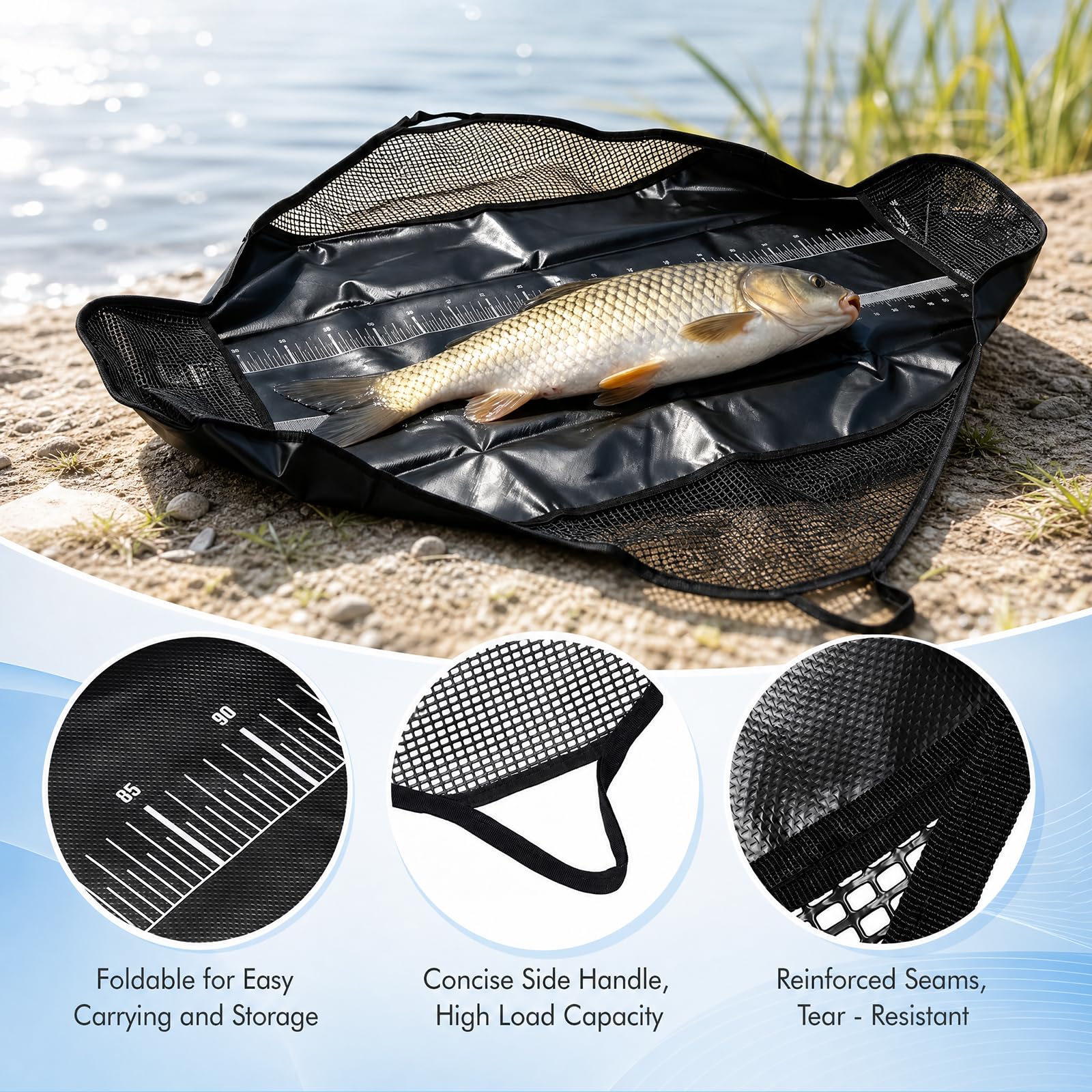 Abhakmatte-Angeln 4-in-1 Abhakmatte mit Maßband Wasserdicht Fischmatte Karpfensack Angelmatte mit Griffen Angelzubehör Angel Zubehör für Rotauge, Barsch, Karpfen, Brasen, Raubfisch