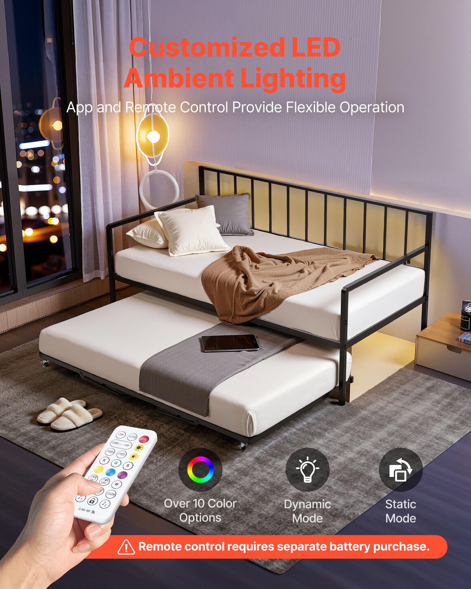VEVOR Estructura de Sofá Cama de Metal 196x98x96,5 cm Marco de Cama de Día con Estación de Carga LED Carga de 181,44 kg para Apartamento, Sala de Estar, Dormitorio, Habitación de Invitados, Negro