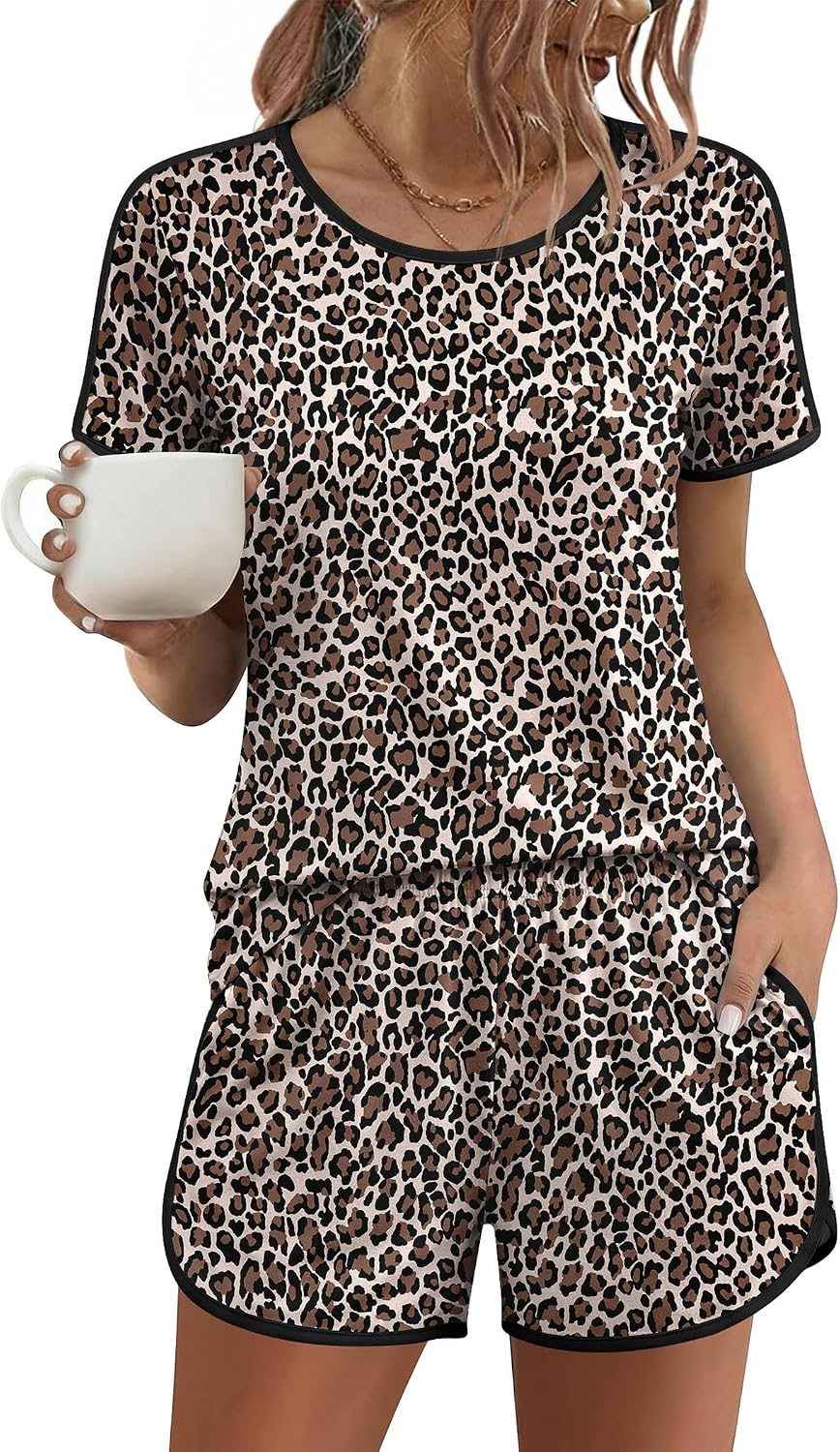 Ekouaer Womens Pajama Sets Short Sleeve Sleepwear Soft Pjs Sets Round Neck Summer 2 Piece Lounge Set with Pockets S-XXL