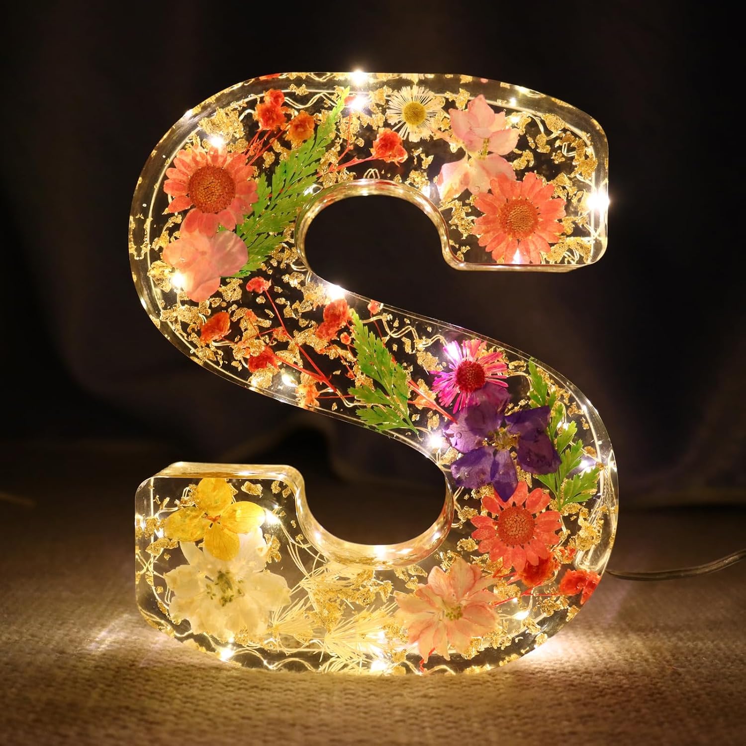 Handmade Large Dried Floral Resin Night Light Letter with LED Lights for Women Girls Christmas Birthday Wedding Gifts (Letter S)