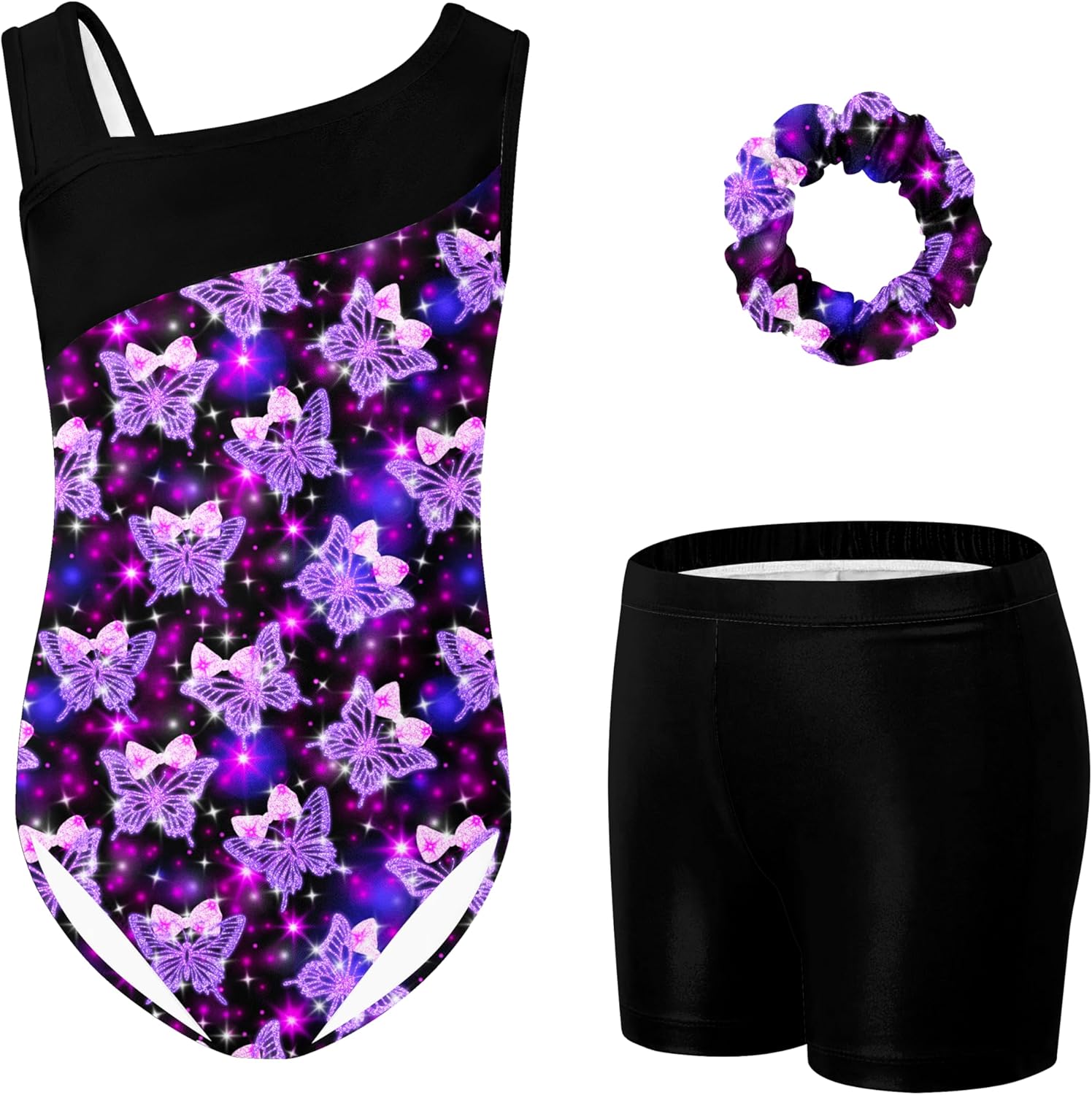 (9-10 Years) UNICOMIDEA Gymnastics Leotard for Girl 5-10Y Kid Sloping Shoulders Ballet Dance Set with Shorts Scrunchie 3pcs Butterflies 9-10 Years