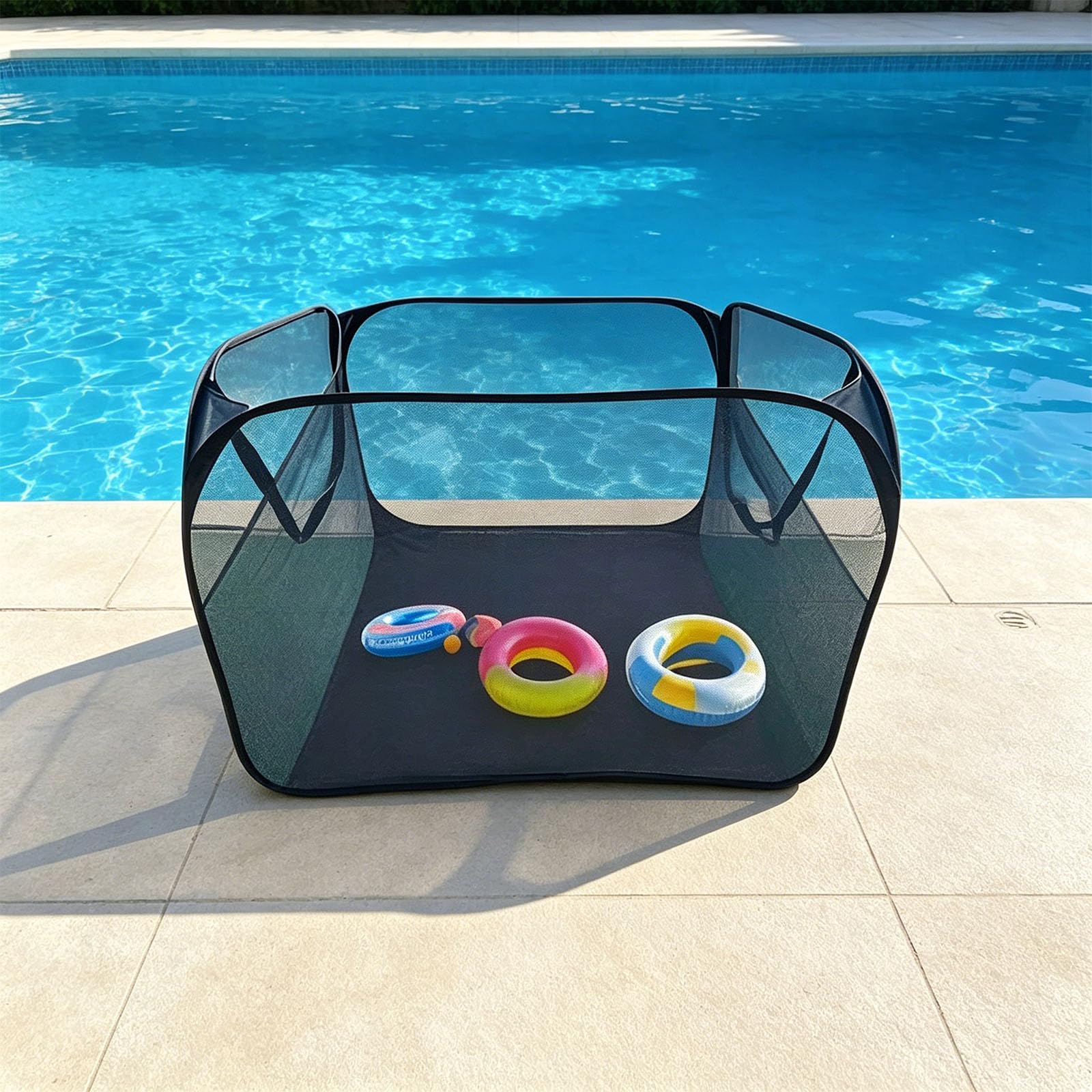 Red de almacenamiento multiusos ventilada junto a la piscina para natación | Soporte para equipo de natación con anclajes de suelo para trajes de baño húmedos y accesorios de agua