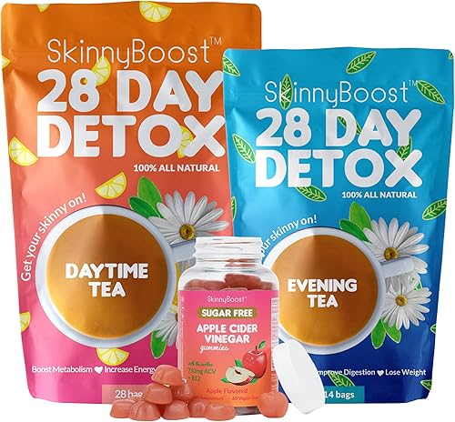 Skinny Boost - Kit de energía desintoxicante-1 - Té diurno 28 bolsas 1 té desintoxicante de noche 14 bolsas y 1 gomitas de vinagre de sidra de