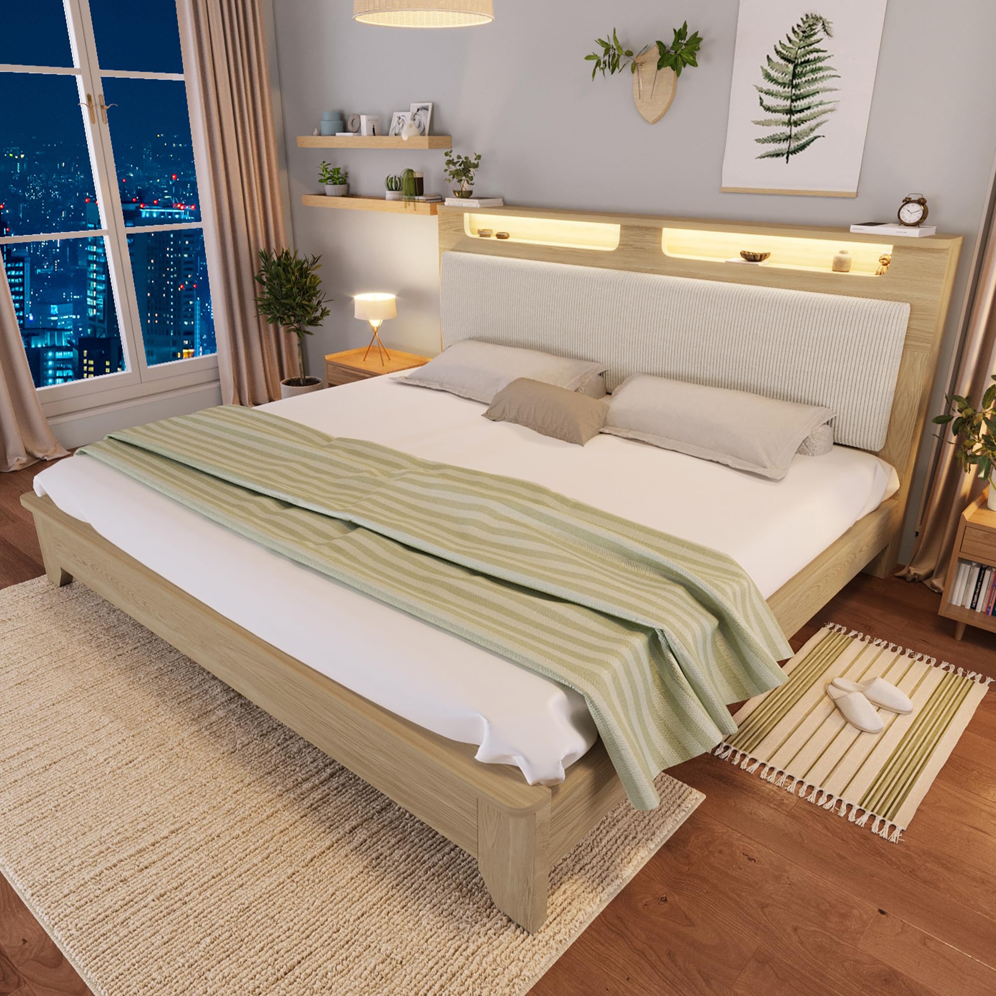 REXO Letto matrimoniale in legno 180×200cm, testiera con vano portaoggetti, illuminazione a LED e schienale imbottito in corda beige, telaio del letto con doghe in legno, rovere chiaro (senza