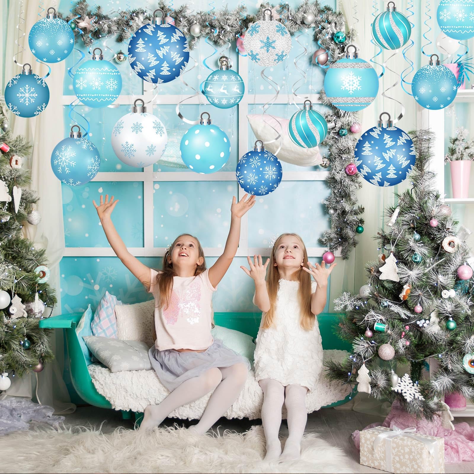 Harrycle Set di Decorazioni Invernali da Appendere al Soffitto da 54 Pezzi Turbinii Sospesi Palline con Fiocco di Neve Stelle Filanti e Pendenti a Spirale per Baby Shower Addobbi per Feste di