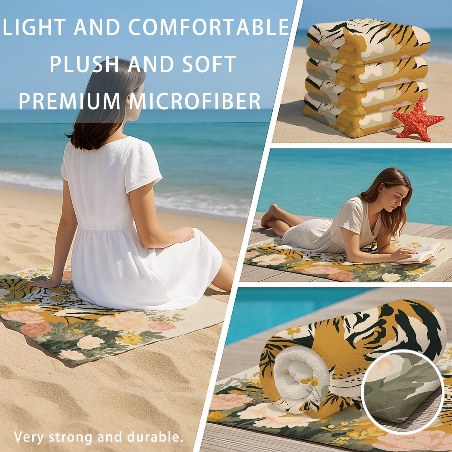 Générique Drap de Plage Anti Sable Sechage Rapide 200 cm x 100 cm Fantaisie Animaux Serviette de Plage Microfibre Bohème Fantaisie Chaleureux Plantes Fleurs Tigre Absorbante Super Couverture de Plage