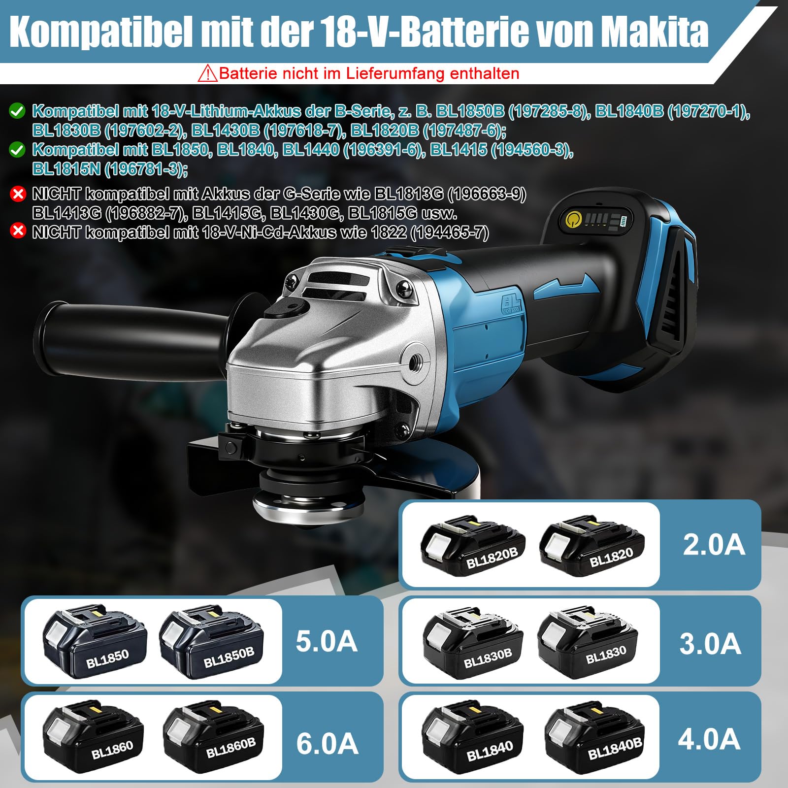 Akumulatorowa szlifierka kątowa do Makita 18 V, szczotka, kompaktowa 9000 obr./min, z 4 prędkościami, tarcza szlifierska 125 mm z kluczem szlifierskim do szlifowania, cięcia i polerowania (bez