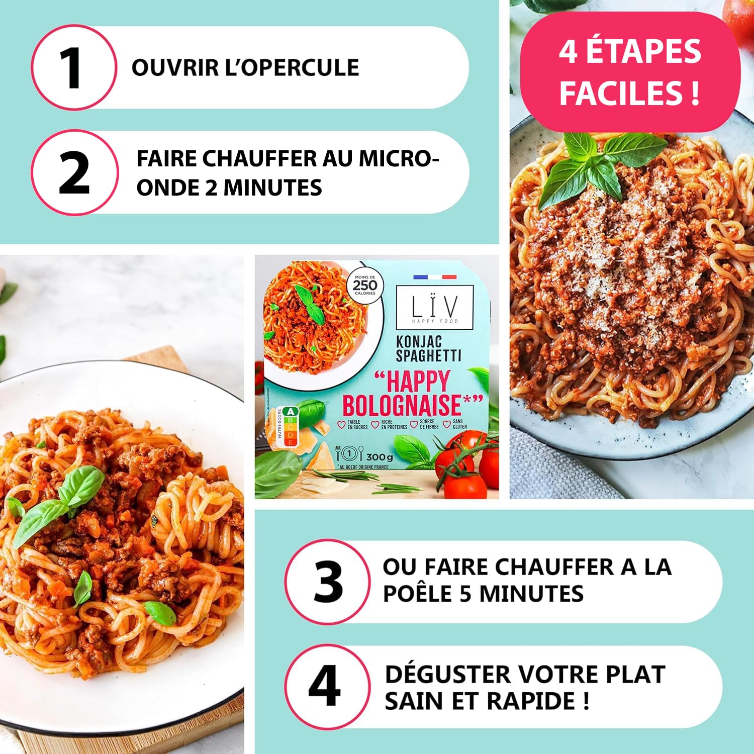 LïV Happy Food – Plato individual Happy Boloñesa con Konjak Sghetti, pasta sin gluten, planta konjak, sin gluten, baja en calorías, 6 x 300 g