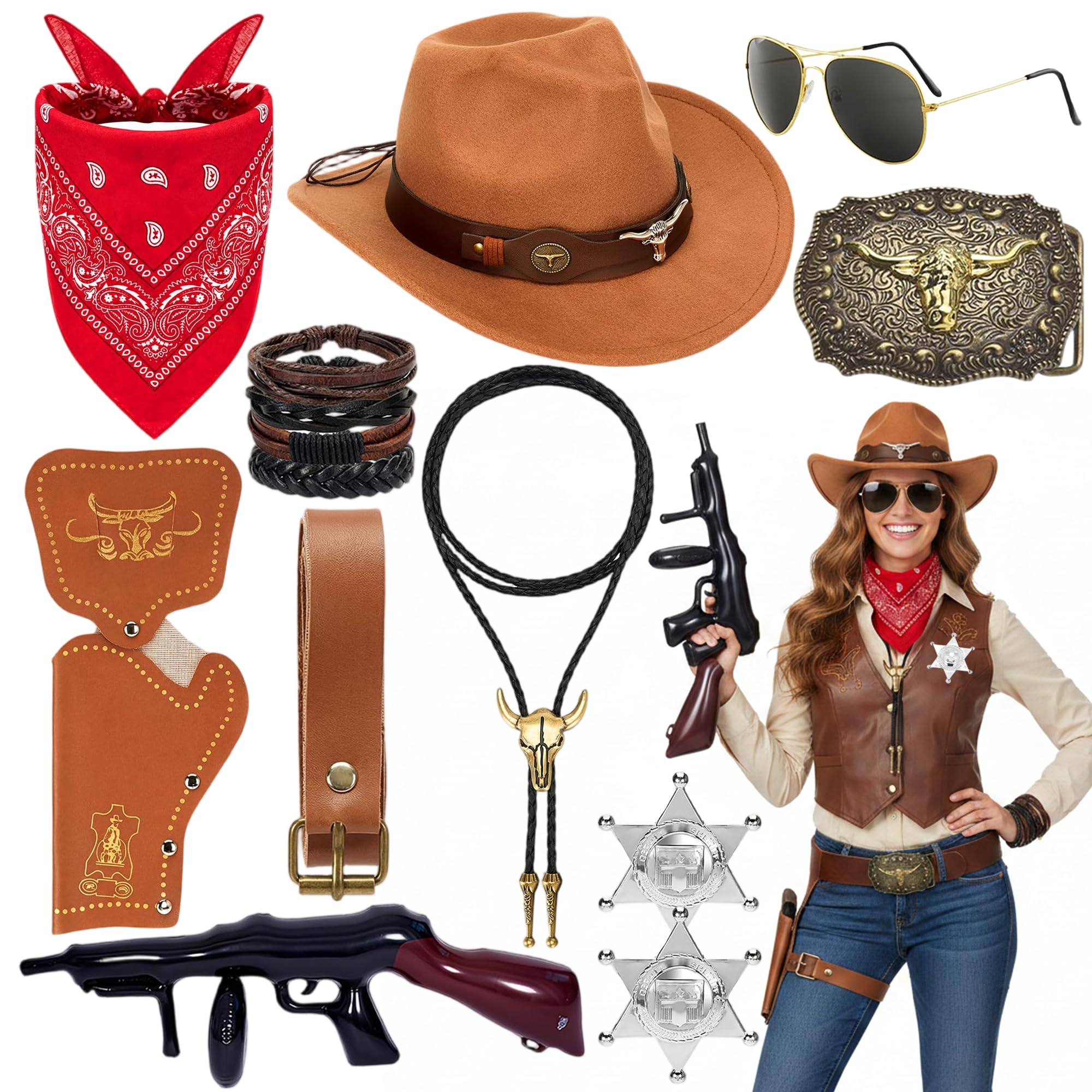 Fictoria Western Cowboy Costume Accessories - 11Pcs Wild West Kit with Hat Bandana Holster Belt Glasses Badge Inflatable Gun Prop, Men Women Kids Fancy Dress for Cosplay Party (Brown)
