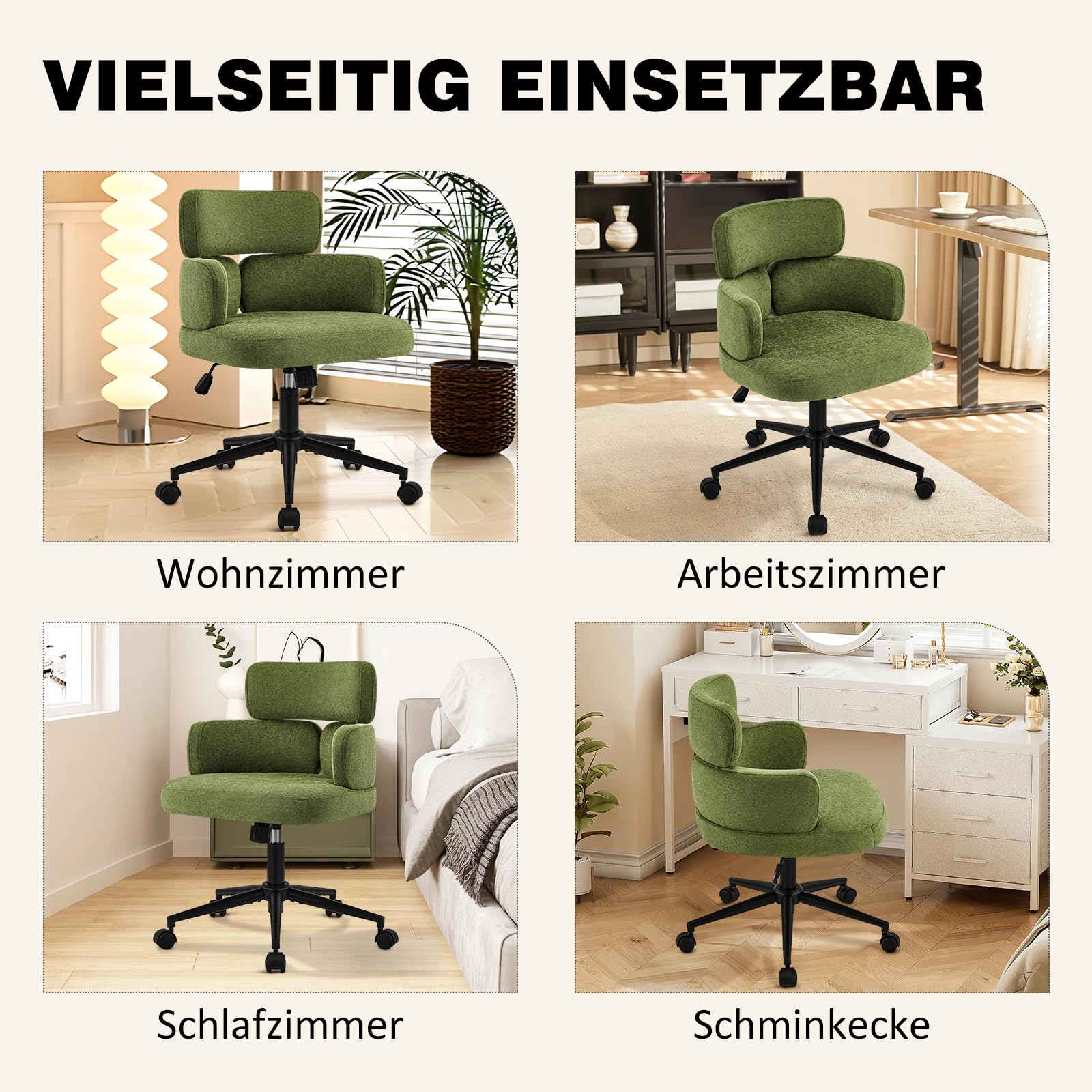 Hellove Schneidersitz Bürostuhl, Grün Höhenverstellbarer Drehstuhl Schminktisch für Homeoffice, ergonomischer Schreibtischstuhl mit festen Armlehnen und Rollen, gepolsterter Polsterstuhl 56 cm