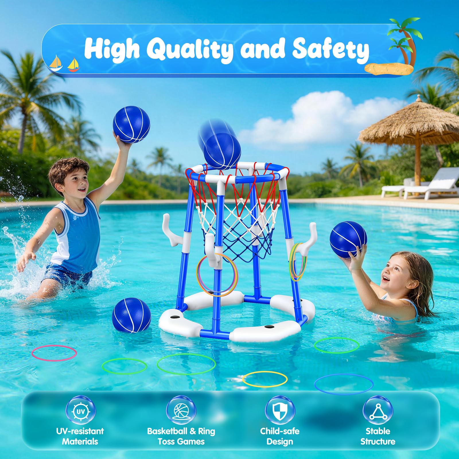 HaoVrisn Canestro Basket Piscina per Bambini, Giochi Piscina Bambini con 4 Palloni Galleggianti, 12 Anelli e Pompa, Giochi Acqua Bambini-Giocattolo Acqua Estivo per Feste in Piscina e Giardino