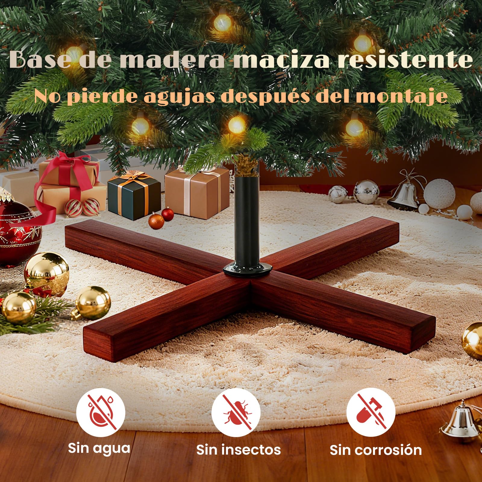 Arbol de Navidad Artificial 220cm - Árbol de Navidad Frondoso y Realista, Fabricado Mediante Inyección, Christmas Tree con Soporte de Madera y Bolsa para Guardarlo