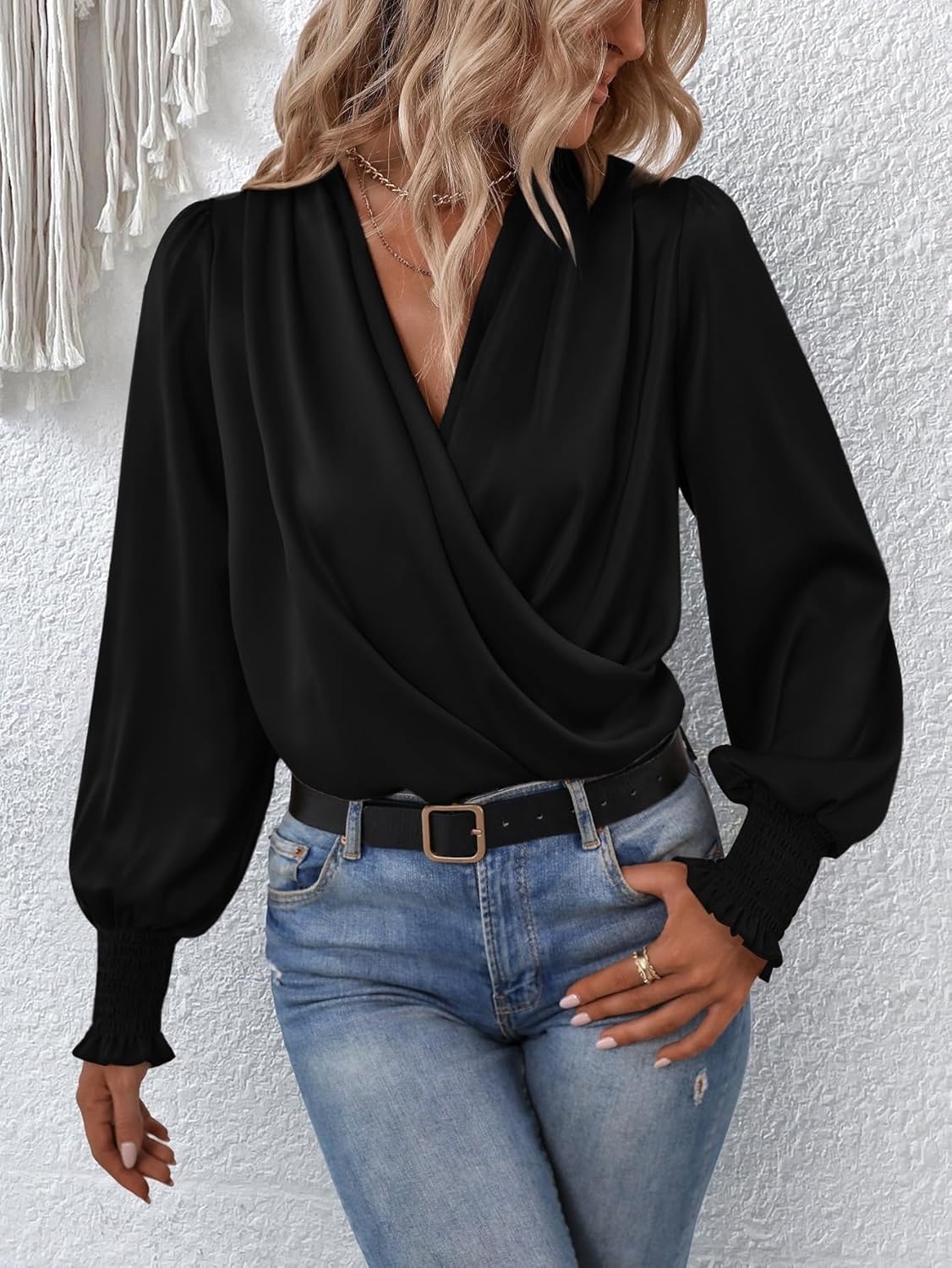 Women Fall Silk Satin Tops V Neck Wrap Lantern Long Sleeves Shirts Office Work Tunic Tops Elegant Blouse - Image 2