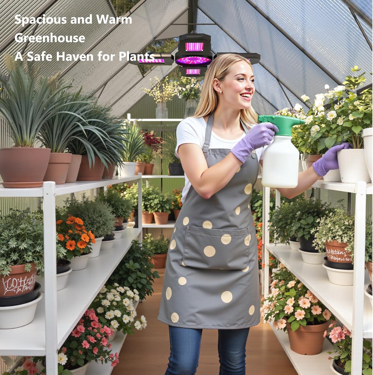 Greenhouse with sliding door and skylights