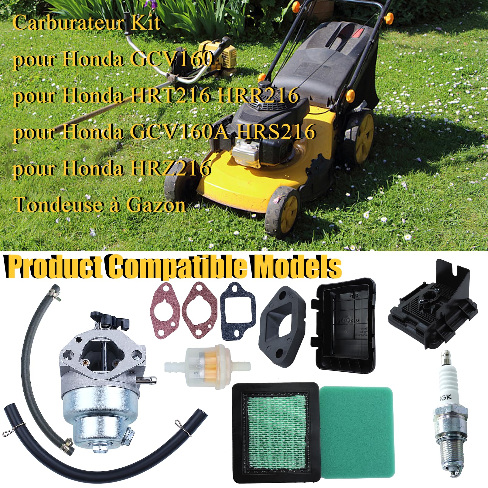 Carburateur avec Joint Kit pour Honda GCV160 GCV135 GC135 GC160 Moteur et Tondeuse, avec Filtre à air avec bouchon, Bougie d'allumage etc, Accessoire GCV 160 Tondeuse Pièces de Rechange
