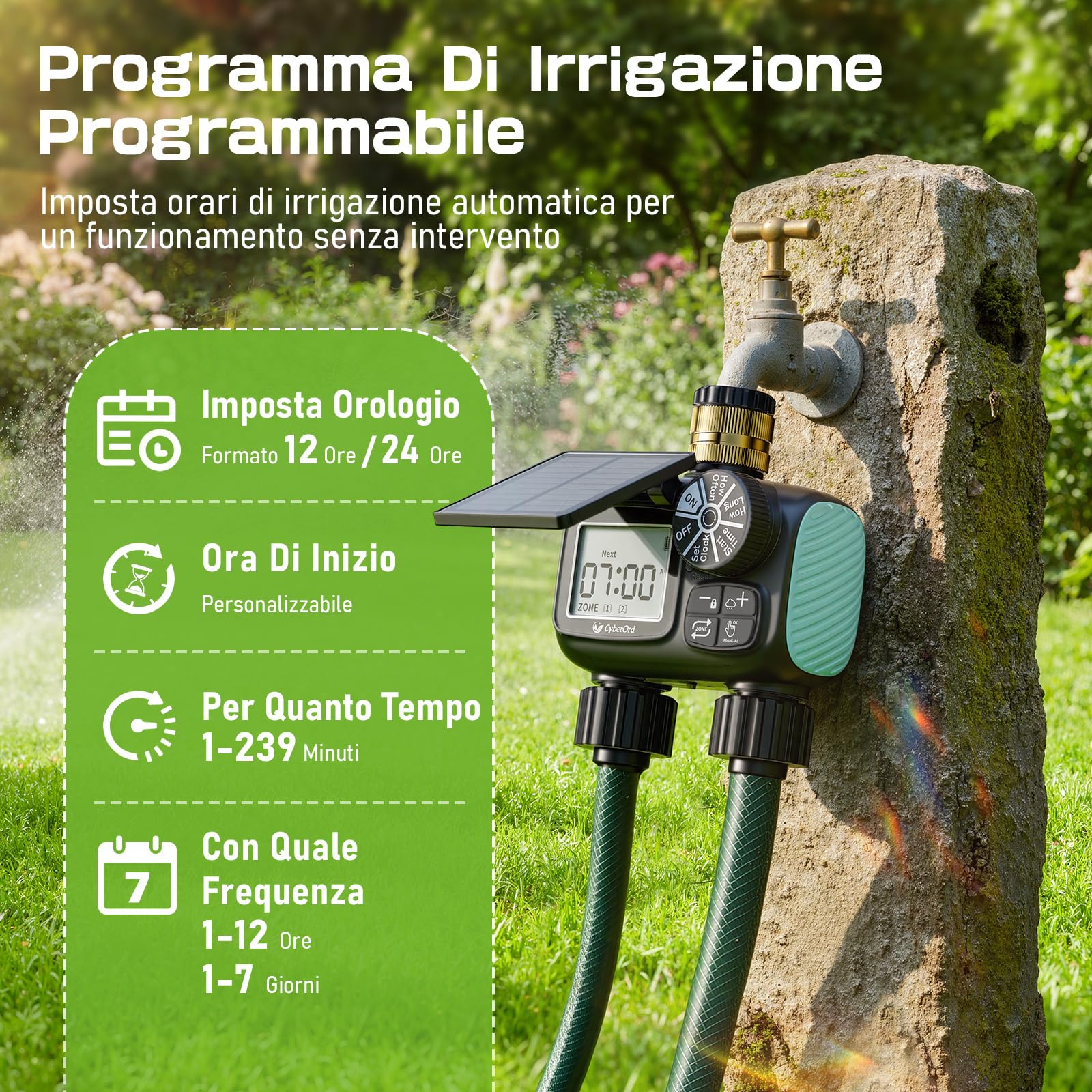 Timer per Irrigazione Solare CyberOrd a 2 Zone, Centralina Irrigazione con Ricarica Solare, Programmatore di Irrigazione con Modalità Auto/Manuale/Ritardo Pioggia per Prato/Patio/Giardino