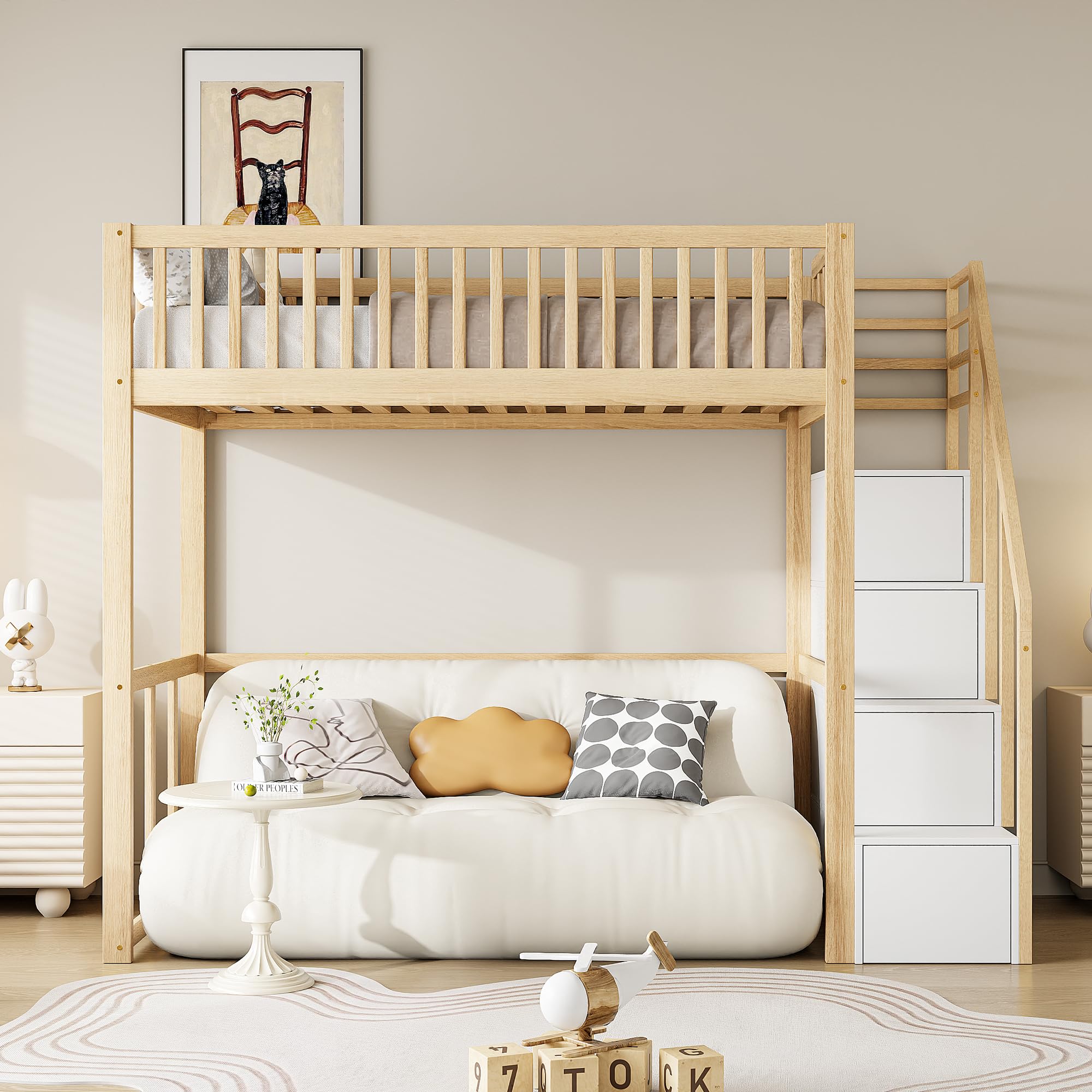 Moimhear Letto a soppalco 90x200cm con scala di sicurezza e contenitore, struttura del letto in legno di pino massiccio per bambini e ragazzi (colore legno + bianco)