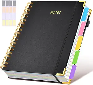 Hardcover Spiral Notebook 8.5"x11" Journal with Removable Dividers Tabs, 300 Pages Leather 5 Subject Notebook College Ruled, Large A4 Notebooks for Work School, Lined Journal for Women, A4 Black