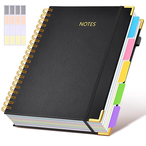 Hardcover Spiral Notebook 8.5"x11" Journal with Removable Dividers Tabs, 300 Pages Leather 5 Subject Notebook College Ruled, Large A4 Notebooks for Work School, Lined Journal for Women, A4 Black - Black - 8.5"x11"