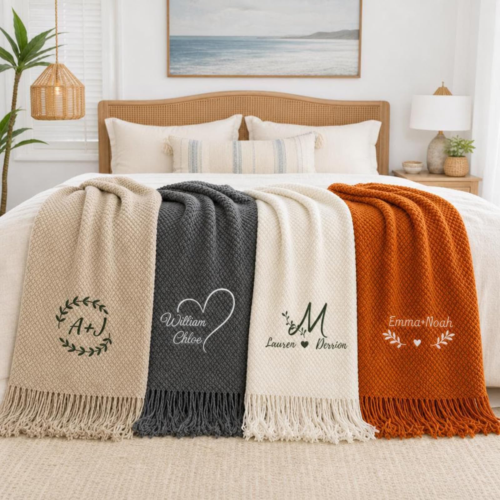 Manta bordada personalizada para boda, regalo de inauguración de la casa para parejas casadas, regalo para el hogar de recién casados, manta de punto con borlas, regalo para matrimonio (150