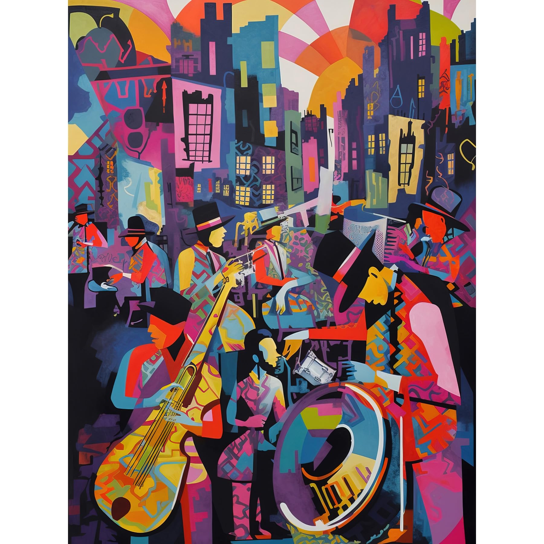 Artery8 New Orleans Jazz Festival Street Musicians Playing Music City at Sunset Abstract Modern Painting Extra Large XL Wall Art Poster Print