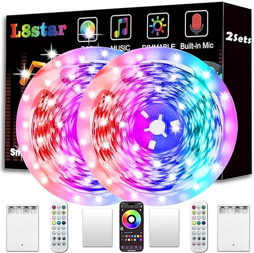 Tira de luces LED alimentadas por batería, 2 x 13 pies (26 pies), dos juegos de tira de luces con 4 cajas de batería AAluces LED USB RGB, control