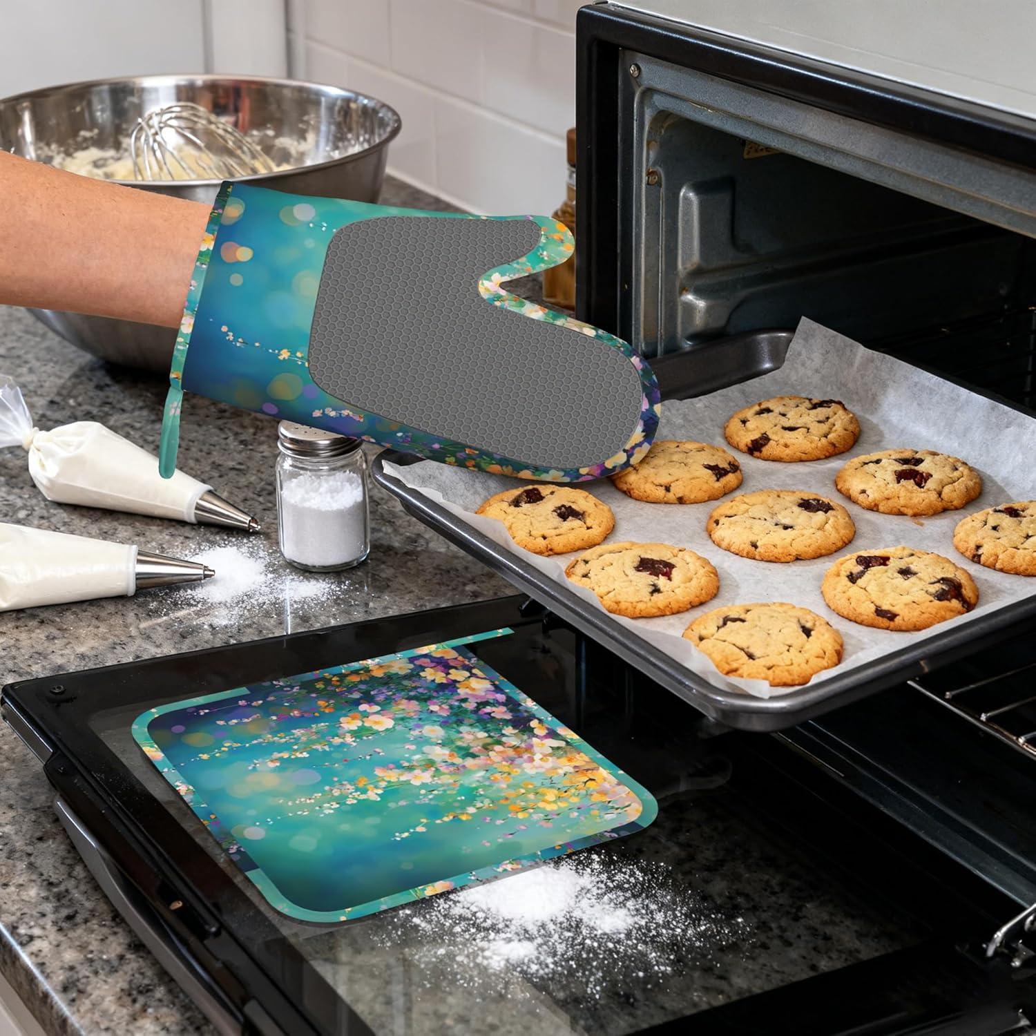 Watercolor Ivy Flower Spring Flower Oven Mitts and Pot Holders (4PCS),Heat Resistant Non-Slip Silicone Kitchen Gloves for Cooking, Baking, BBQ Waterproof Kitchen Accessories