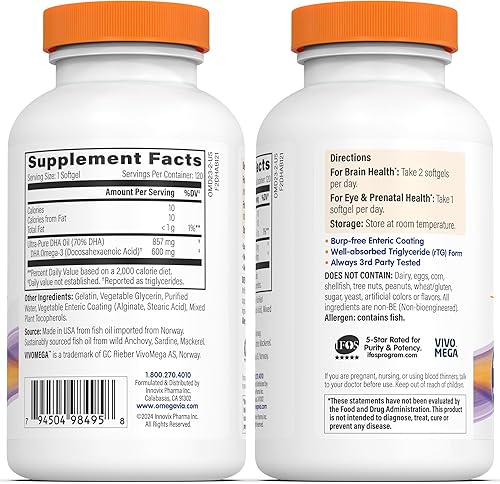 Miniatura 8 de OmegaVia DHA 600 mg  Suplementos DHA ultrapuros omega-3 para cerebro y ojos nutriente prenatal DHA Omega 3 para mujeres prenatales embarazadas y