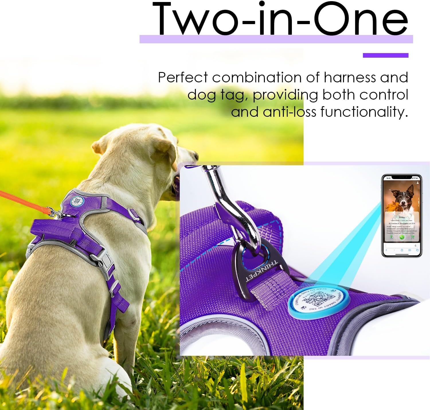 ThinkPet No Pull Harness Breathable Sport Harness with QR Code Dog Tag Reflective Dog Harnesses Smart ID Tagwith Handle Adjustable for Medium Large Dogs Back/Front Clip for Easy Control M Purple