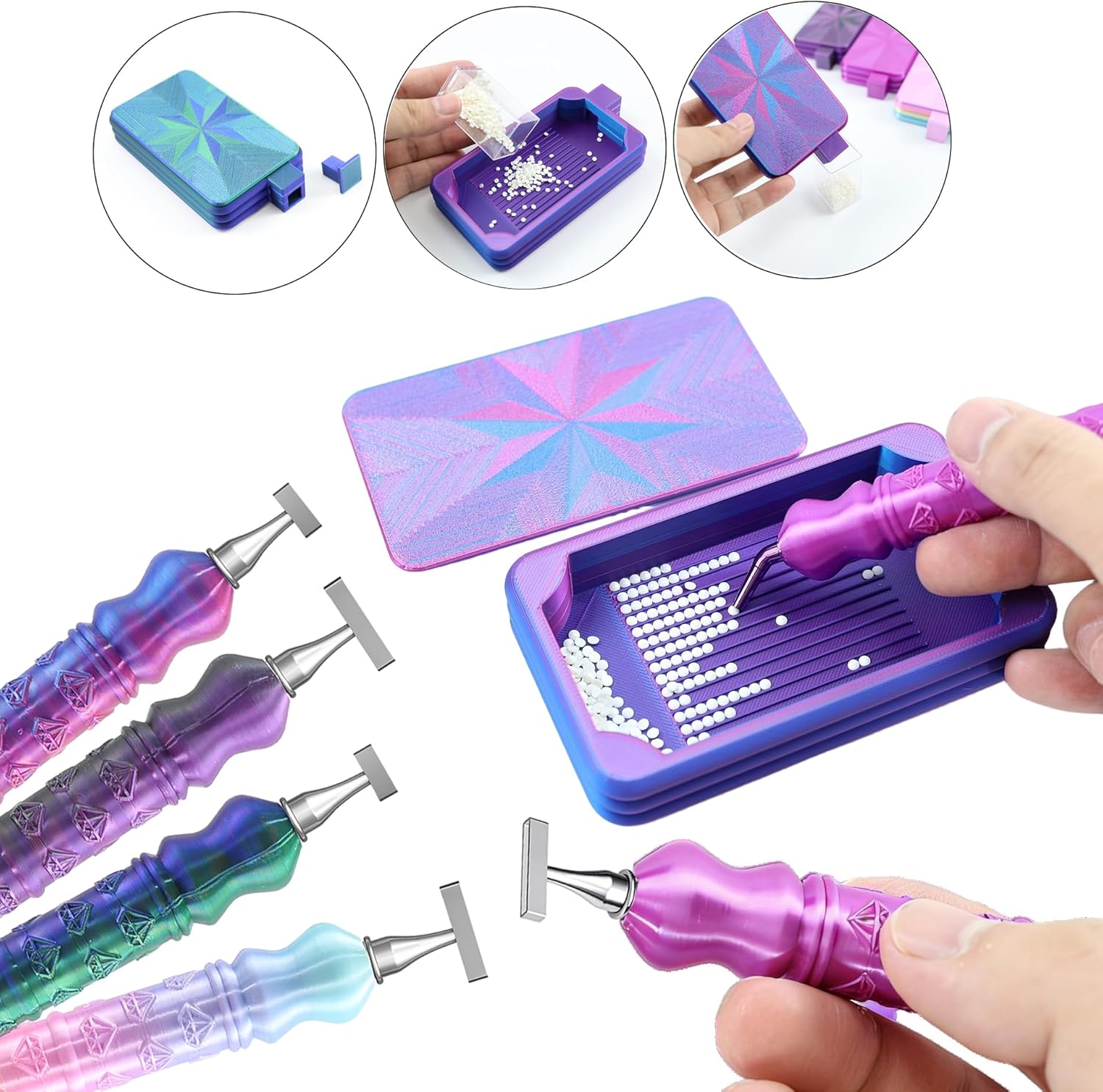 Diamond Art Pen, Include 1,3,6,9, Screw Threaded Steel Nibs and Diamond Painting Trays with Lids, Diamond Art Accessories and Tools for 5D Diamond Painting Beads, Drill Bead Dot Pen Kit (Blue Green)