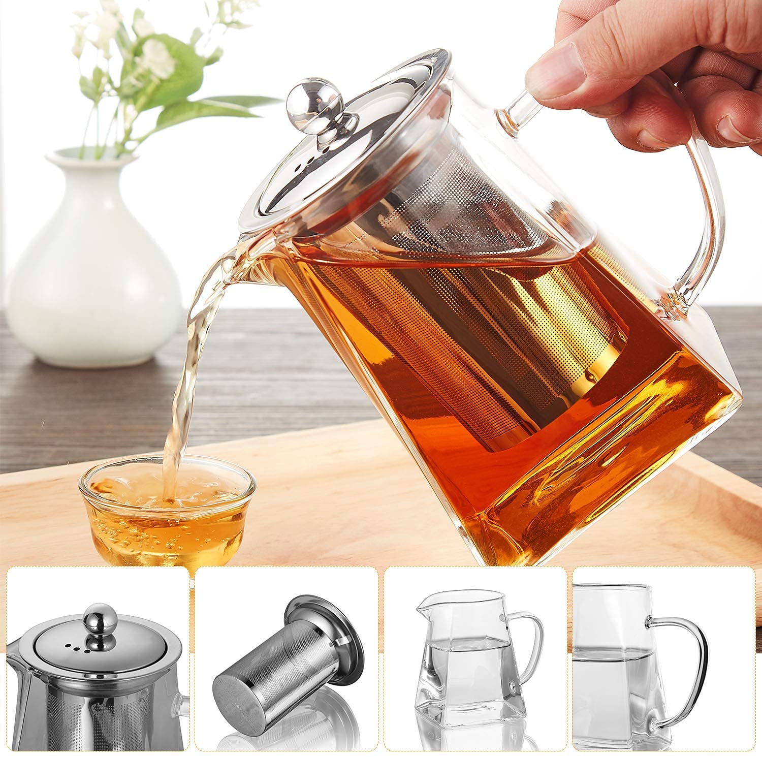 Buy Square Glass Teapot, 950 ml Borosilicate Tea Pot for Loose Tea