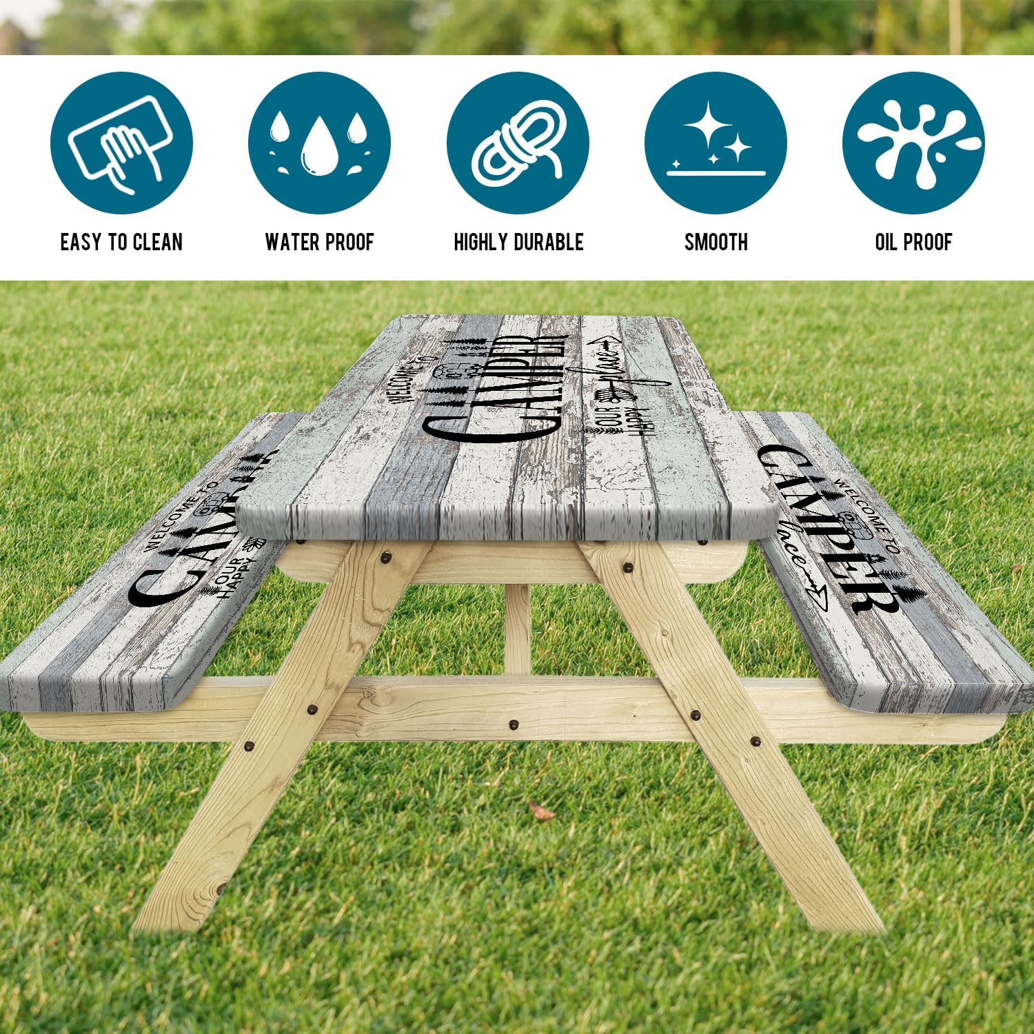 Picnic Table Cover with Bench Covers,Fitted Rectangle Tables and Seats, Camping Essentials Waterproof Windproof Camping Tablecloth with Drawstring Bag,72in, Brown Wood