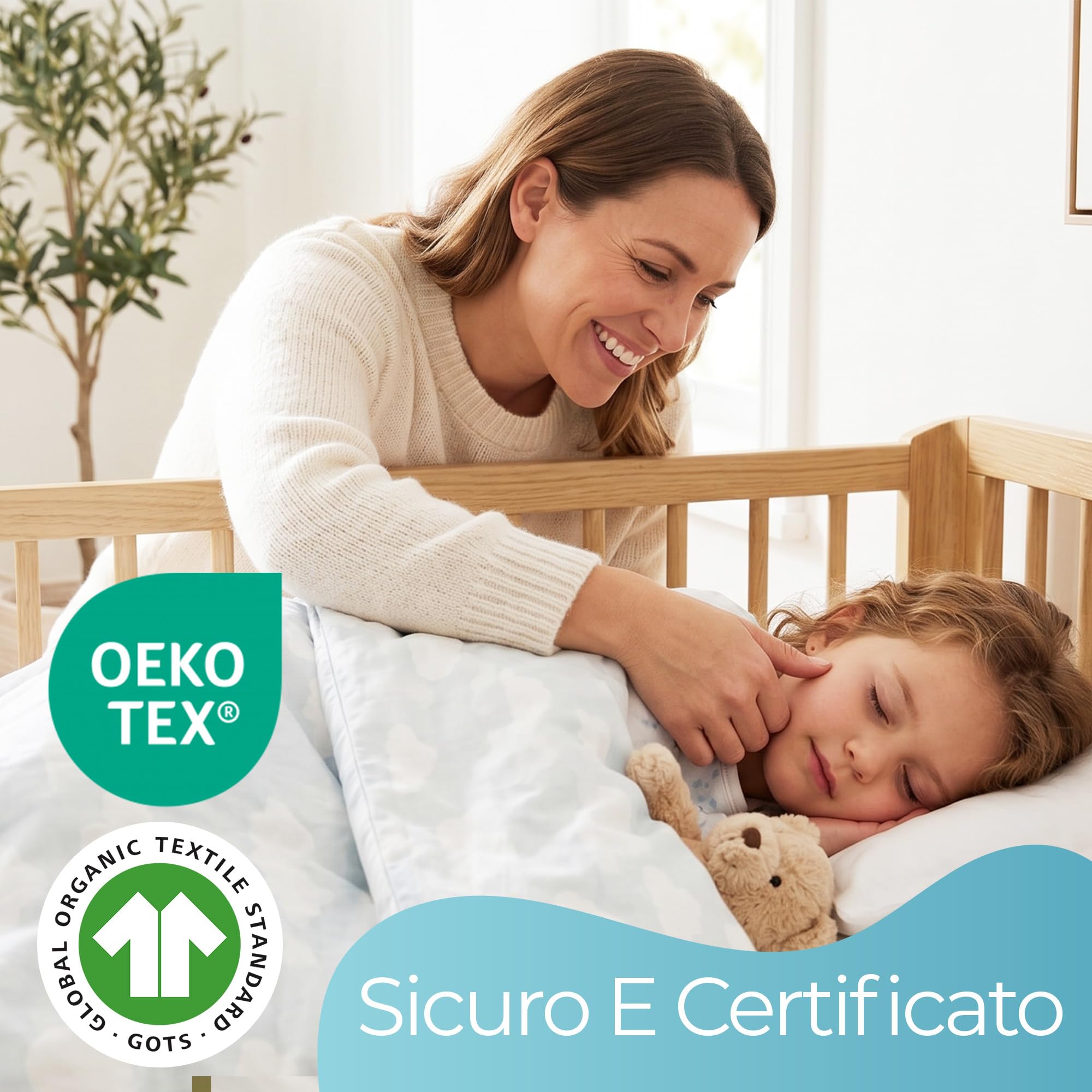 Comfier Sleep Set 3 Pezzi Con 2 Lenzuola Lettino Neonato 60x120 100% Cotone Con Angoli Biologico e 1 Coprimaterasso Lettino 60x120 100% Bambù Impermeabile, Bianco