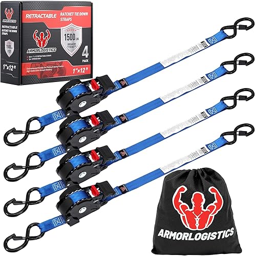 Paquete de 4 correas de trinquete retráctiles, correas de trinquete automáticas de 1 pulgada x 12 pies para motocicleta, kayak y camiones,