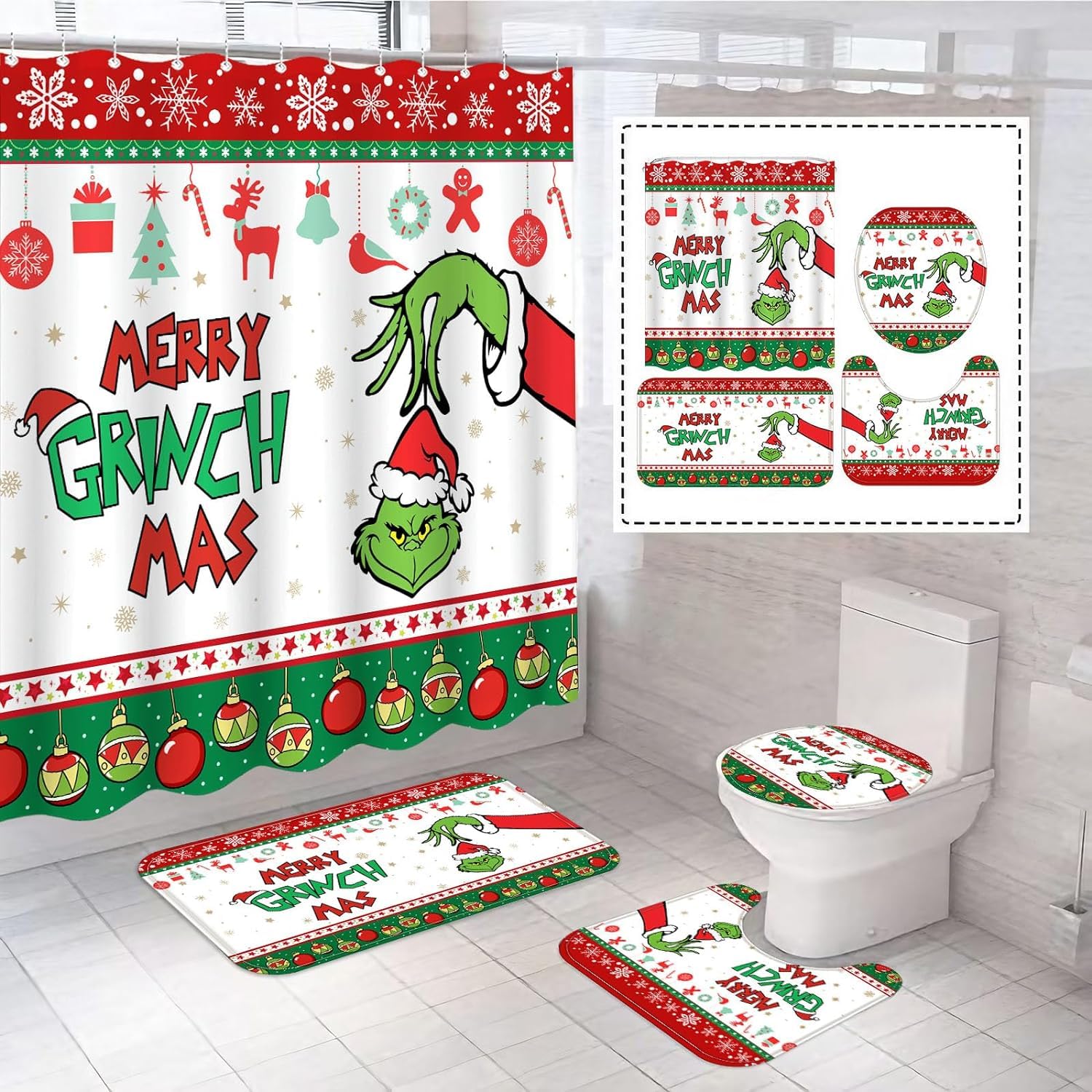 Amazon.com: 4 Pcs Christmas Bathroom Set, Christmas Shower Curtain Sets ...