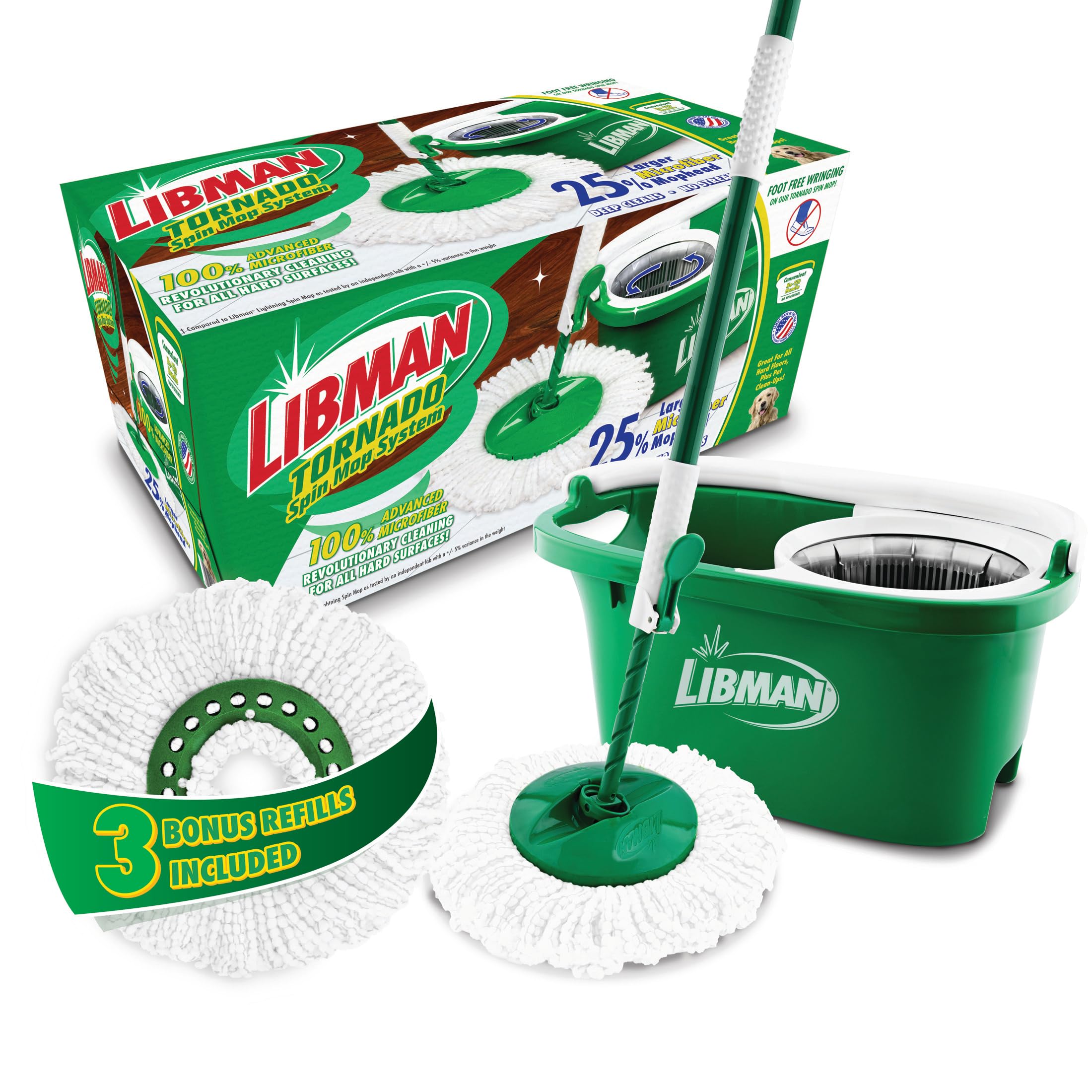 Libman Tornado Spin Mop System with Refill Heads, Microfiber Spinning Mop and Bucket with Wringer Set for Home, Floor Cleaning of Hard-Wood, Laminate, Tile, All Surface Cleaner