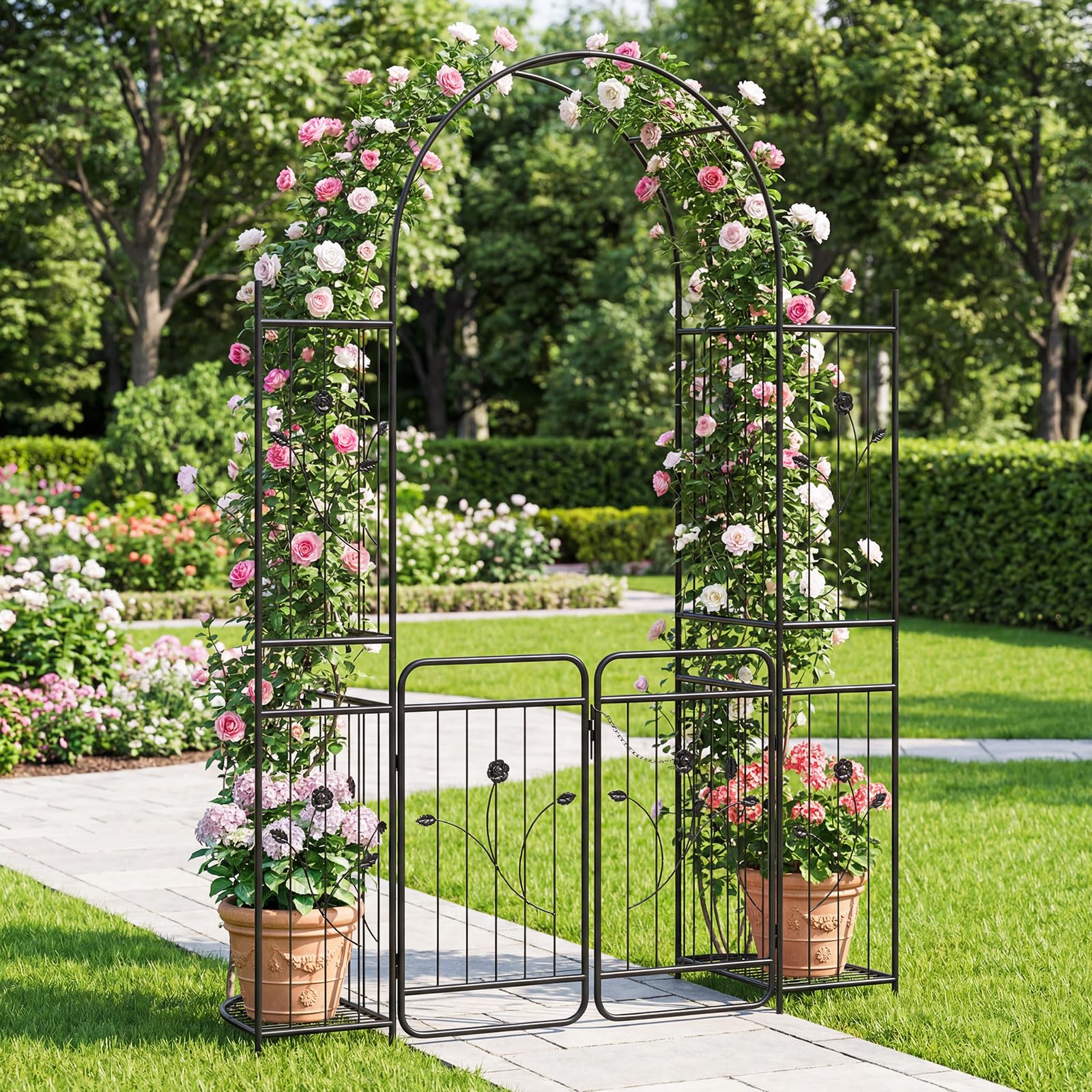 HOMASIS Rosenbogen mit Tür, Metall Gartenbogen mit Rankgitter & 2 Pflanzkästen, Gartentor stabil wetterfest, Rankhilfe für Kletterpflanzen, Spalier Torbogen für Hochzeit Garten Partys (163x50x220cm)