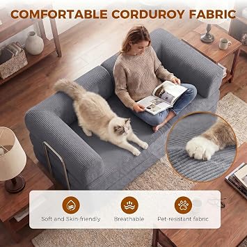GRAVFORCE Convertible Sofa Bed Comfy Corduroy Boneless Sofa with Metal Frame Modular Sectional Folding Mattress Sofa Bed for Small Spaces Livingroom Dark Gray 178cm Medium Size