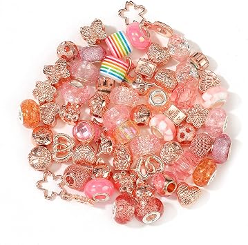 60 Pieces European Rhinestone Beads Spacer Charms Bead Crystal Resin Metal Glass Beads Assortments with Large Hole for Bracelets Necklaces Jewelry Making DIY Crafts Pink